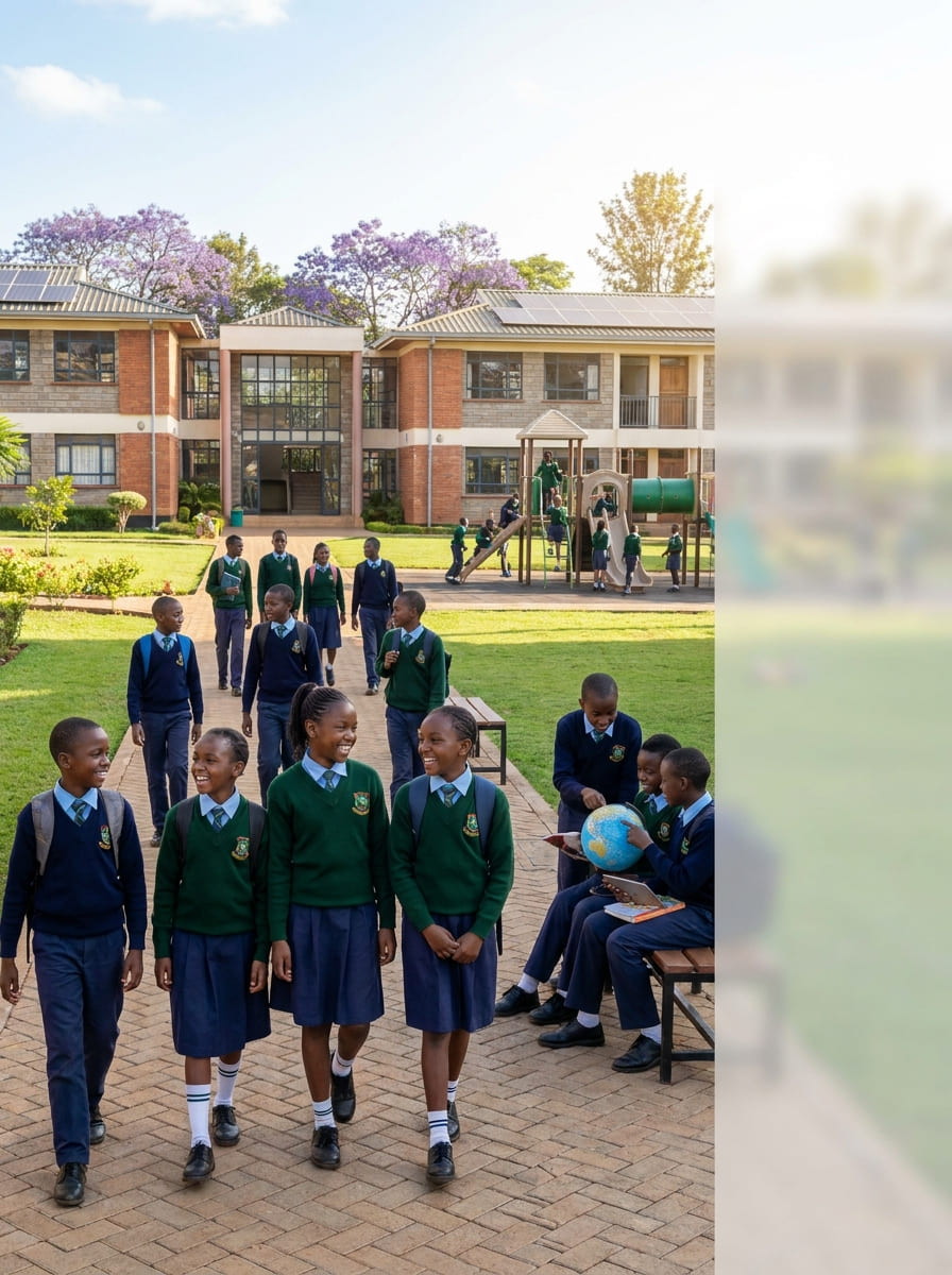 Junior Secondary students in green uniforms on the Eagle Wings Lighthouse Academy campus